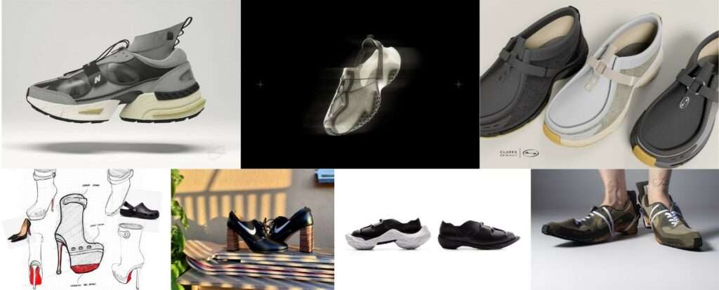 From top left: Winners - Brands: New Balance, 991, Studio DSRPT Remix - Milton L Cato | Birkenstock, Boston Studio DSRPT Remix - Milton L Cato | Clarks, Wallabee: Studio DSRPT Remix - Milton L Cato. Winners - Independent Designer: Crocboutin - Will (chin Wei) Huang | Skate or Die - Isabelle Ragnarsson . Winners - Student: Techstride Modular Oxford - Wei Shan Chou | Practicality Combined: The Clog-Sneaker - Ann Sofie Terp Raun, Aster Eches.