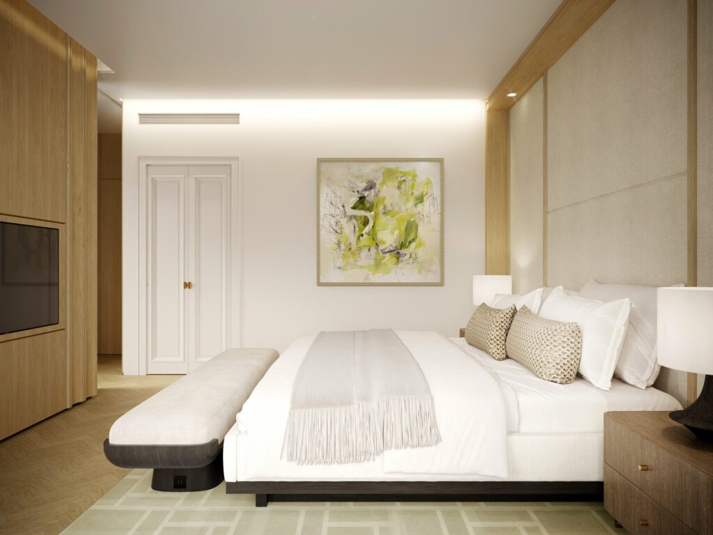 Situated atop the house, these spaces exude elegance and gracefulness, with exquisite detailing reflecting the purity of the magnolia.